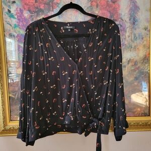 Madewell Black Blouse with Red Floral Pattern